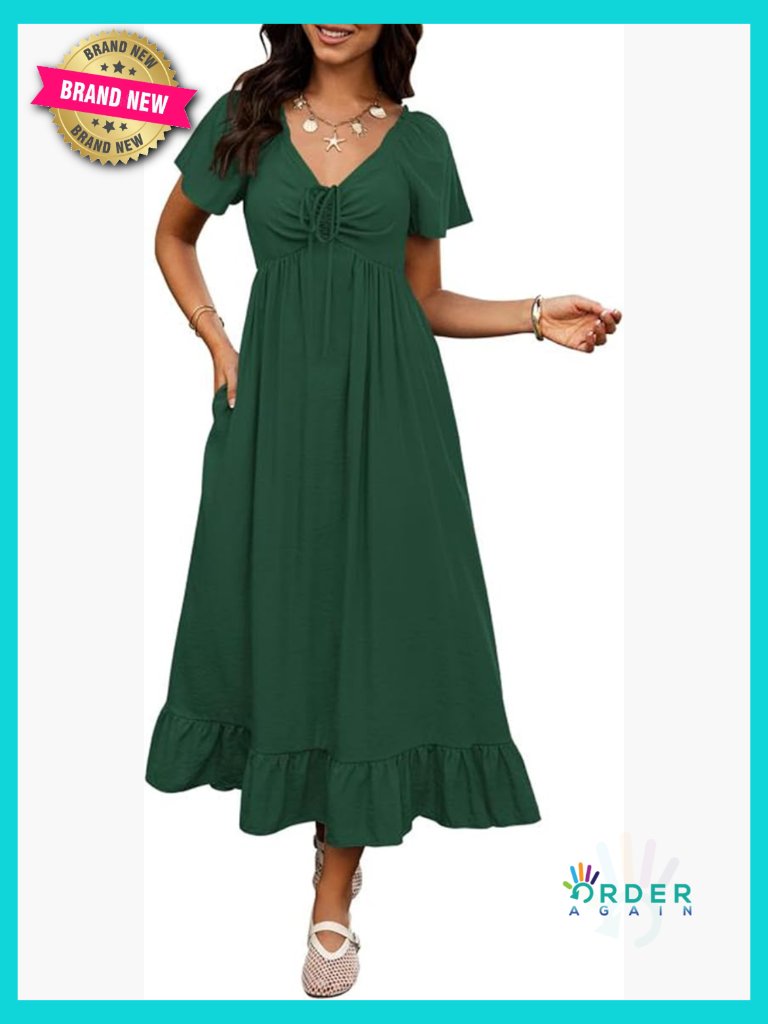 Women's Short Sleeve V Neck Drawstring Maxi Dress Casual Beach Boho